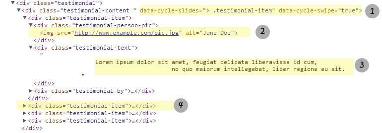 Customizing the testimonial The HTML structured for the testimonial: The numbers on the code above are explained below: 1. jquery cycle options to configure the carousel. 2.