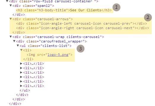Customizing the carousal The HTML structure of the callout box is described below: The numbers on the code above are explained below: 1. Carousel title text. 2. Carousel arrows (right, left). 3.