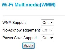 3. In the main menu, under Setup, select Wi-Fi Multimedia. The following screen displays: 4. Specify the Wi-Fi Multimedia setting for the network: WMM Support. Select On to enable WMM.