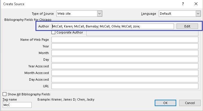 Figure 10 Create Source dialog showing multiple authors.