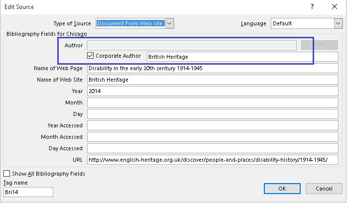Figure 11 Area of the Create Source dialog where you can decide on authors or publication by an organization.