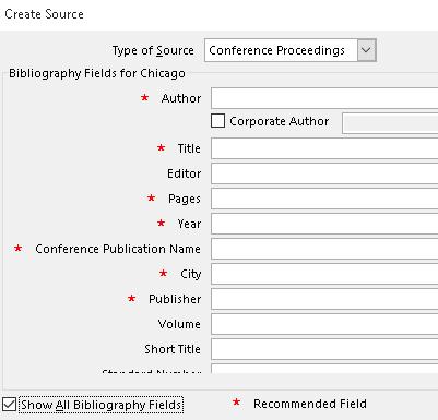 Figure 12 Create Source dialog showing All Fields for a Conference Proceedings source.