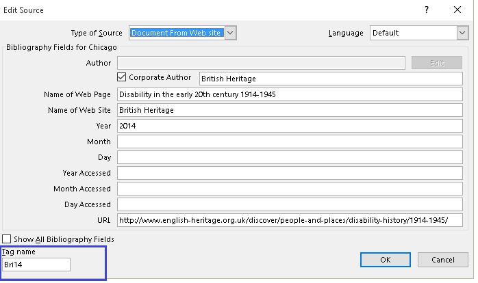 Figure 13 Create Source dialog with Tag area isolated. After you complete the information for the source, Tab to the OK button and press Enter. You are returned to the Master List dialog.