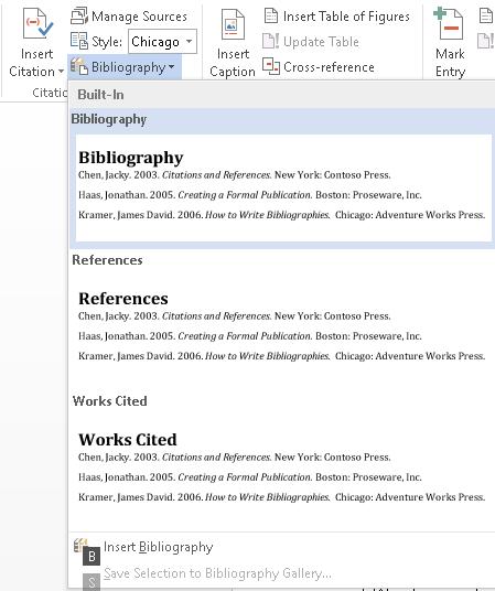 Bibliography Once you have the document written and have added the Citations, you can generate a Bibliography.