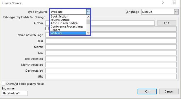 Figure 6 Create Source dialog showing types of sources you can add. While you are viewing the fields for a specific type of source, nothing is required as information. All fields are optional.