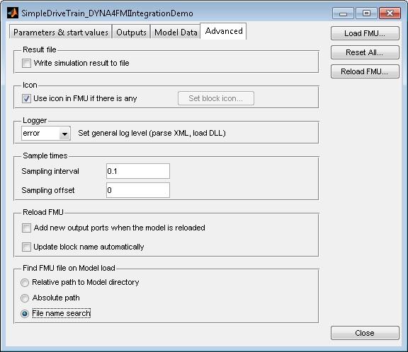 Figure: FMU Advanced tab Result File: The Modelon Toolbox has the ability to create a report file of all internal states as a text document.