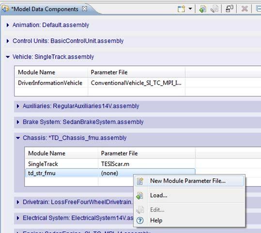 Once the FMU component has been selected, a parameter file can be created and loaded into the active data set.