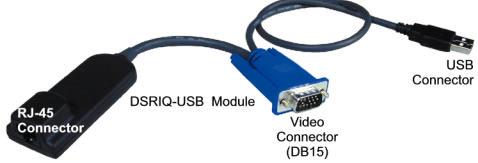 2. Run a cable (e.g., Cat5) from the DSRIQ-USB module s RJ-45 port to an RJ- 45 port on the AV2000R s rear panel. See the illustration below for detail. 3.