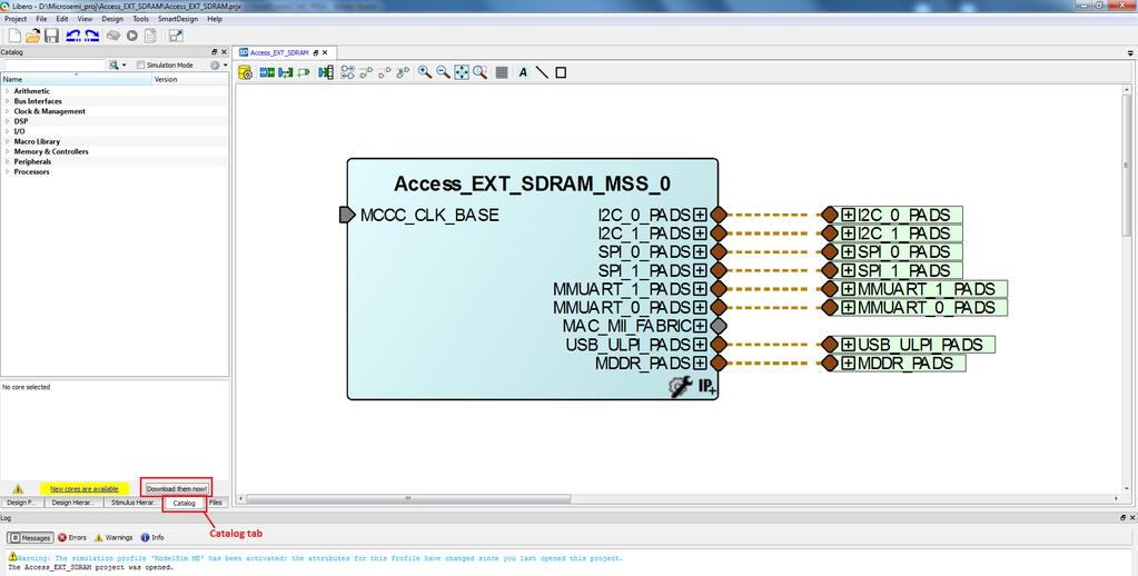 The SmartDesign window opens and a project Access_EXT_SDRAM is created with the
