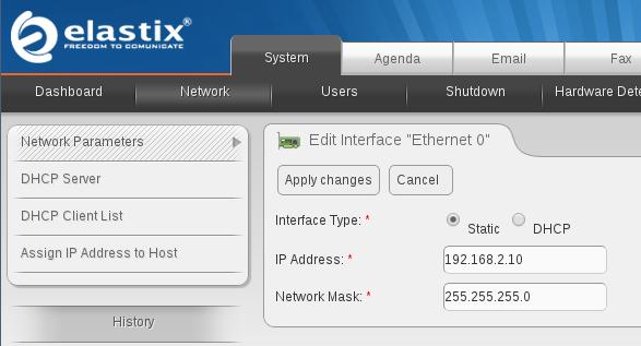 7 Change the IP address (optional) If needed, change the IP address of your appliance so that it matches the address scheme of your local area network (LAN) At the Elastix web user interface go to: