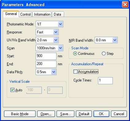 Figure 7.15 [Parameters Advanced] Dialog, [General] Tab (Advanced mode) Basic mode [Photometric Mode] [Bandwidth] [Response] Selects the photometric mode.
