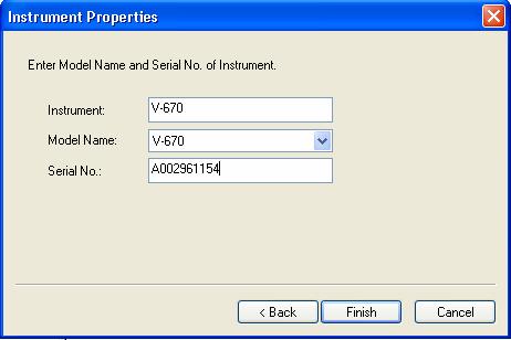 (2) Enter the instrument name, model name and serial no. and click the <Finish> button to register the instrument.
