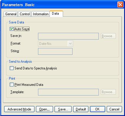 measurement] 8.2.5.4 [Data] tab Figure 8.14 [Parameters Basic] Dialog, [Data] tab [Save Data] [Auto Save] [Save in] <Browse...> [Format] [Date-No.] [Sample-No.] [Comment-No.] [Sample-Comment-No.