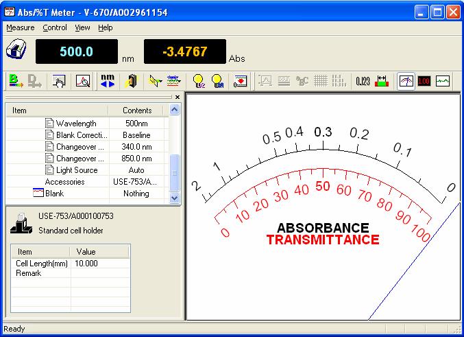 10 [Abs/%T Meter] Program Reference The Abs/%T meter program is used to display and read the desired wavelength photometric values in analog, digital or as graphs.