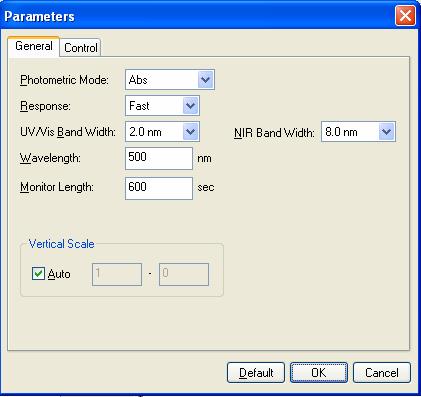 10.1.3 [Parameters ] Sets the measurement parameters. This dialog has two tabs for setting: Basic and Control. These tabs can be changed by clicking the tab for each item at the top of the dialog.