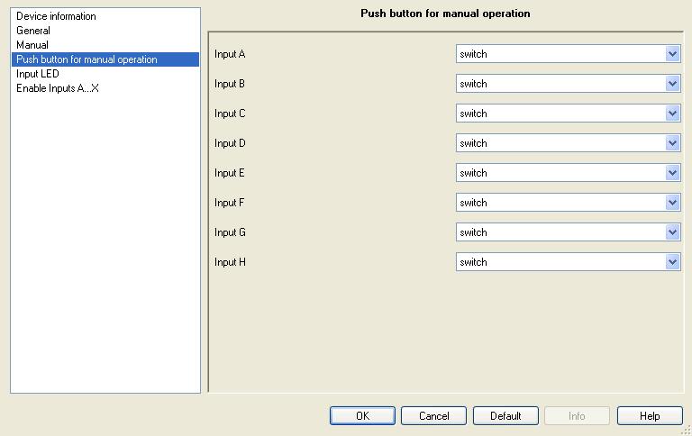 3.2.4 Parameter window Push button for manual operation In this parameter window, the binary inputs are enabled or blocked and the configuration (switch, button) is determined.