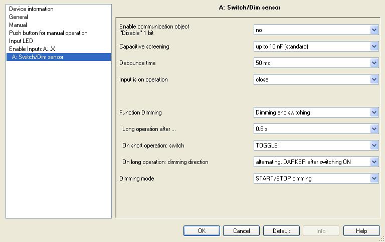 3.2.9.1 Parameter window A: Switch/Dim sensor In this parameter window, all settings are undertaken for parameter window A: Switch/Dim sensor. The explanations also apply for the Inputs B X.