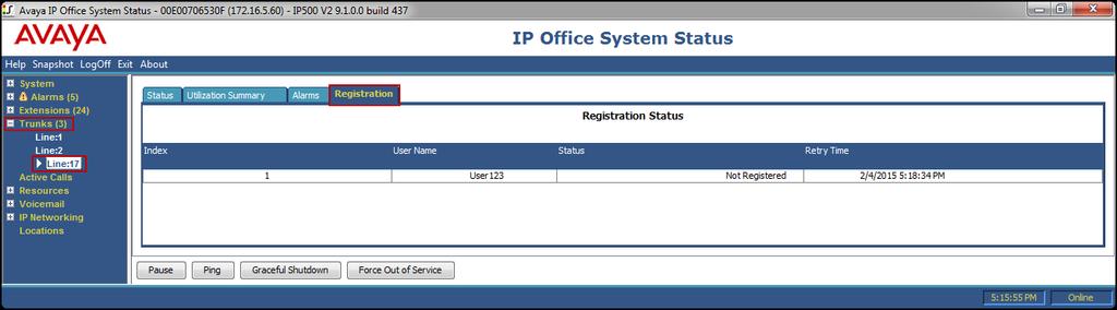 Select the Registration tab to view the Registration status of the SIP Trunk.