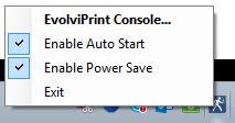 C O N T E X T M E N U Right click on the EvolviPrint icon in the notification area to reveal the context menu. The context menu has the following items: 1. EvolviPrint Console.