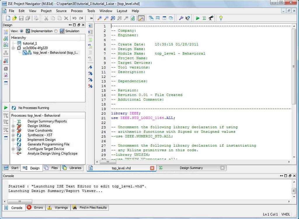 Tutorial 1: Introduction to FPGA Programming 24 top_level in Sources window Source code for