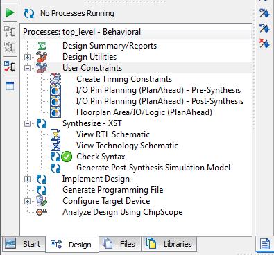 Tutorial 1: Introduction to FPGA Programming 30 User Constraints I/O Pin Planning (PlanAhead) Pre-Synthesis Figure 17: Portion of Project Navigator screen, with User
