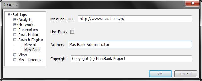 5.4.2 Setting of MassBank This section shows the setting for generating MassBank records on Mass++. [1] [1] Select Tools from the menu bar, then Options.