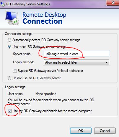 Input the RD gateway server settings.