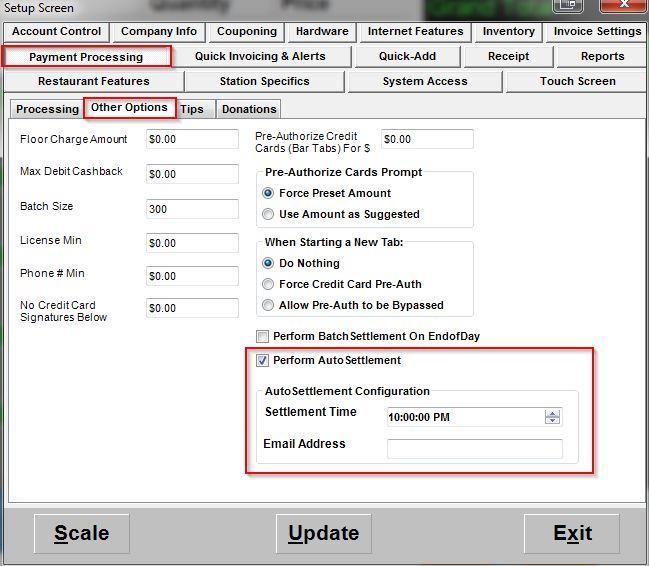 7. Auto Settlement can be setup by going to Manager/Options then selecting Setup>Setup Screen.
