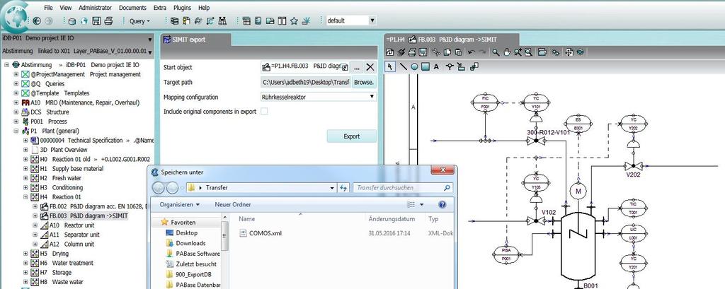 Simulation COMOS-SIMIT interface Export of project