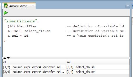 & [sel) select_clause -- definition of variable sel & sel < id -- a join condition : sel is ; -- a parent of id Please note that when defining of node variables we must use semi-open