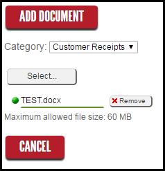 To add documentation, click on Add Document (located under the current list of documents), choose the Category (document type)