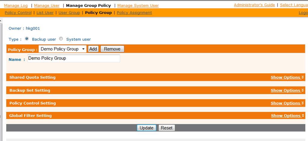 4.5 Policy Group 4.5.1 Manage Policy Group When you click the [Manage Group Policy] -> [Policy Group] link available at the top menu, the [Policy Group] form will appear.