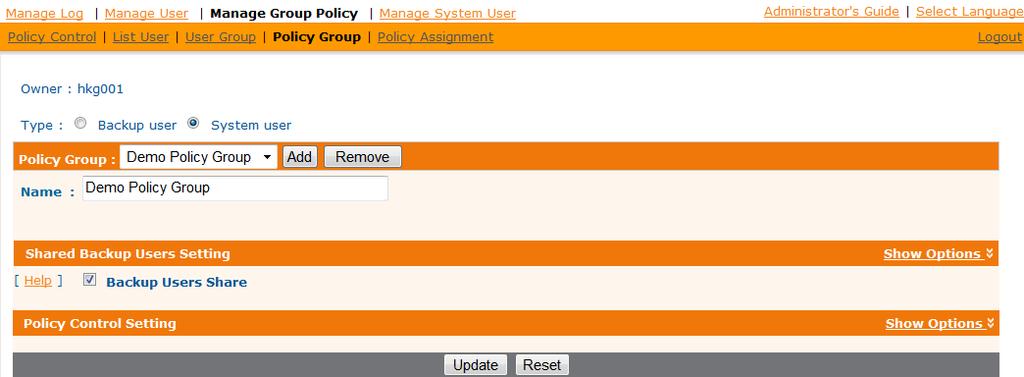 Delete global filter policy 1. Go to the [Policy Group] panel. 2. Click the [Edit] link next to [Users] or [SmartCLOUD EPS Users]. 3. Select the policy from the drop down box. 4.