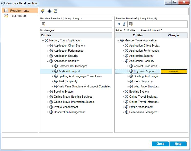 Chapter 9: Creating Libraries and Baselines a. Click the Go To Next Change button in the right pane to view the change. Differences between the two baselines are indicated in the Changes column.
