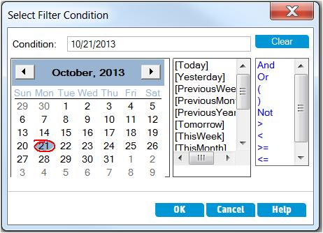 The Select Filter Condition dialog box opens, displaying today s date in the calendar. c. Select the date on which you added requirements.