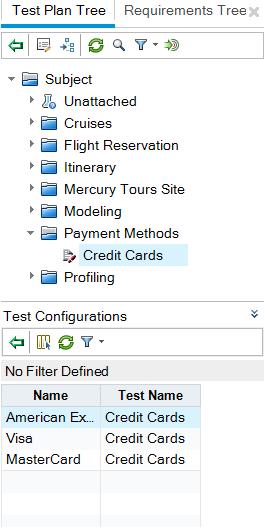 Chapter 5: Running Tests 4. Add the Credit Card test to the test set. a. In the Test Plan Tree tab, expand the Payment Methods folder and select the Credit Cards test. b.