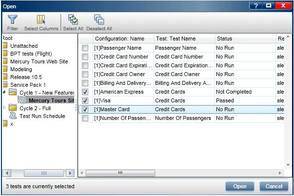 Chapter 5: Running Tests c. Select American Express, Visa, and MasterCard check boxes. Click Open. 3.