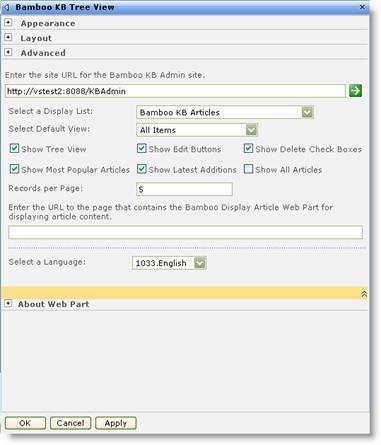2. Configure the Bamboo KB Tree View Web Part (on the Home page) - This Web Part is pre-configured, but you can edit the settings.