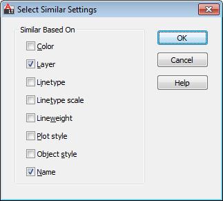 Entering SELECTSIMILAR at the command line enables you to access the Settings dialog, where you can specify which properties to use when creating the selection set.