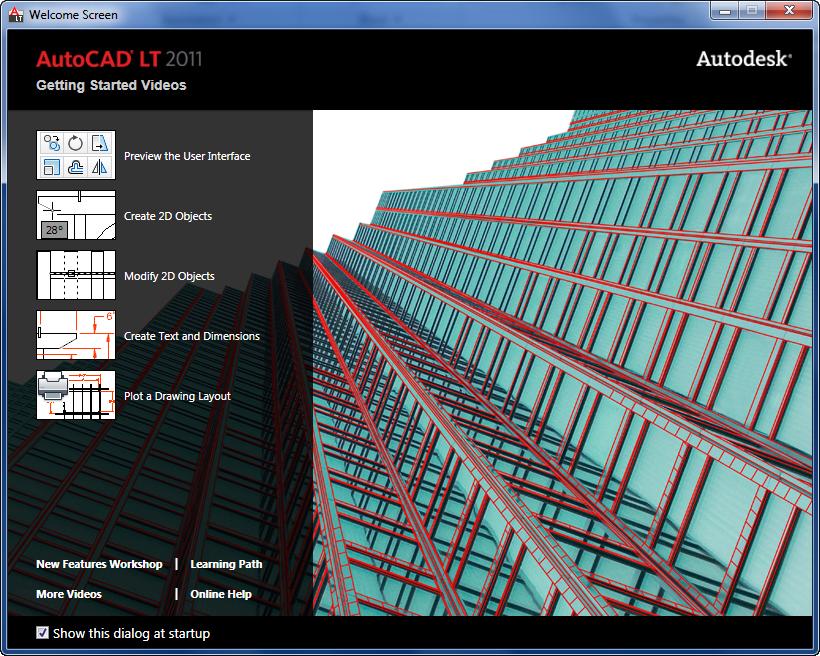 Learning s Welcome Screen The new Welcome Screen contains short videos to help you learn about key topics in AutoCAD LT.