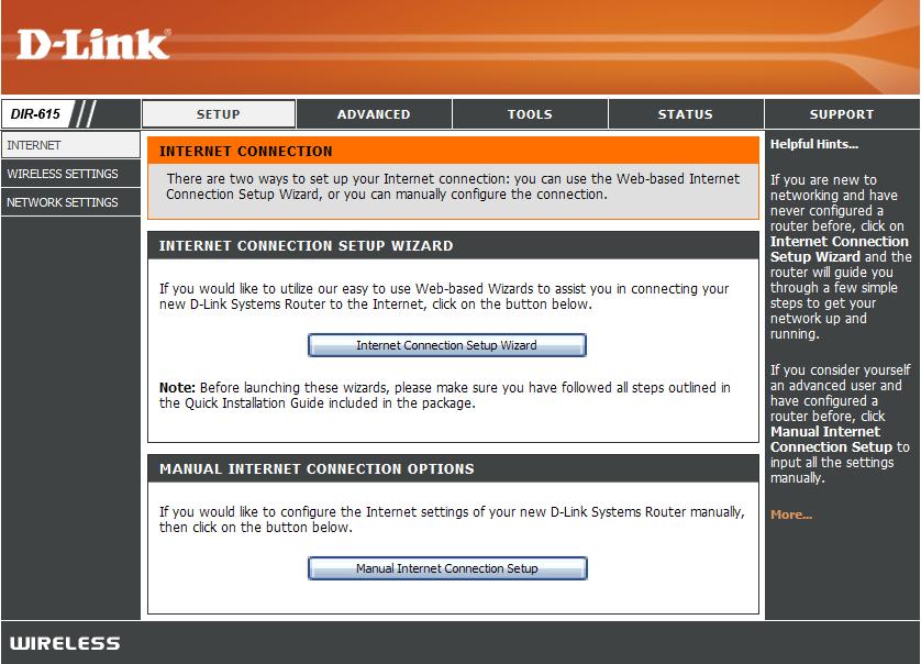 Internet Connection Setup Wizard Once logged into the web interface of the router, the Setup > Internet page will appear.
