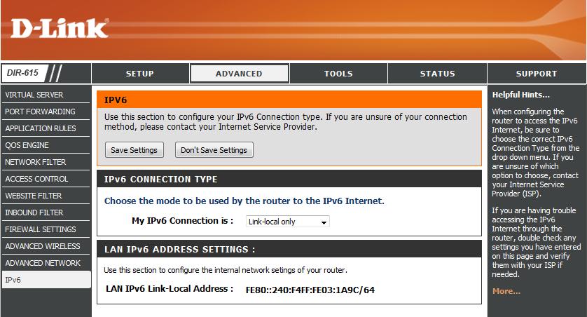 My IPv6 Connection: LAN IPv6 Address Settings: Select Link-Local Only from the