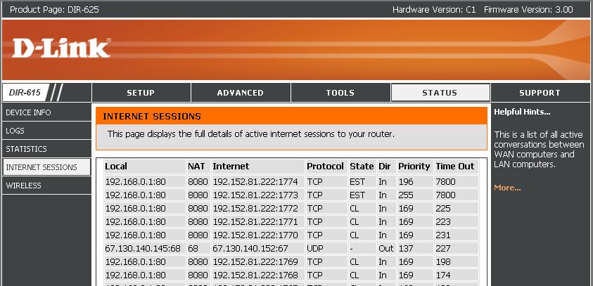 Internet Sessions The Internet Sessions page displays full details of active Internet sessions through your router.