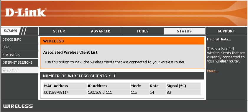 Wireless The wireless client table displays a list of current connected wireless clients.