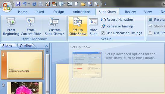 Advanced PowerPoint Skills 22 Making your Photo Album Run Automatically 1 4 2 1. Select the Animation Ribbon as shown above. 2. Turn off the On Mouse Click 3.