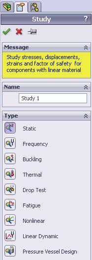Create a Static Analysis Study Create a Static study today. Static studies calculate displacements, reaction forces, strains, stresses, and factor of safety distribution.