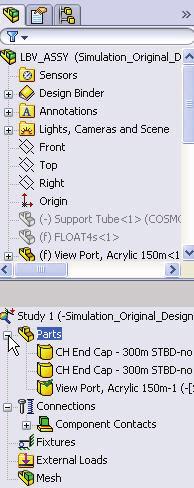 Click OK from the Study PropertyManager. Study 1 (-Simulation_Original_Design-) is displayed.