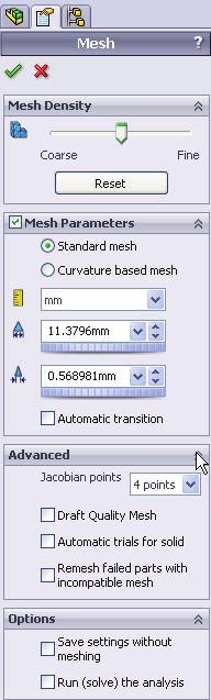 The Mesh PropertyManager is displayed suggesting Global Size and Tolerance values.