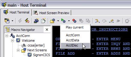 After you are back to the Operator Instructions screen, from the Host Terminal toolbar select the Play Macro drop-down and select the AcctDisc macro. 78.