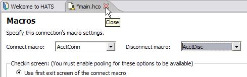 89. Then for the Disconnect macro, select your Disconnect macro, AcctDisc. Close the editor for your main connection by clicking the X on the main.hco editor tab. 90.